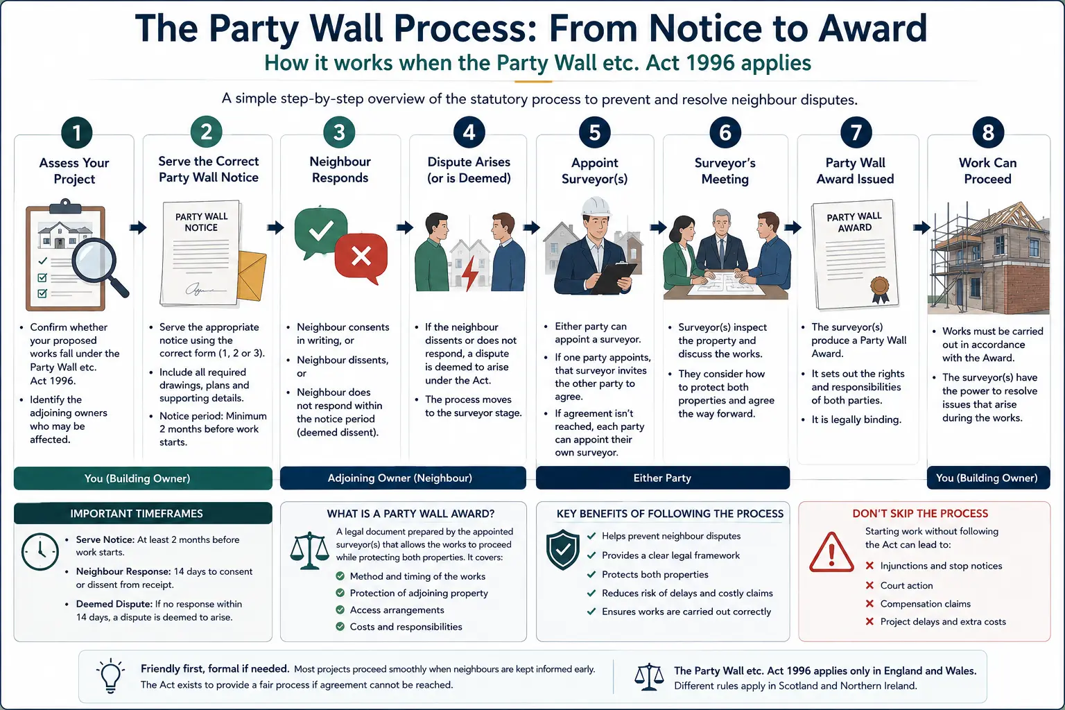 Do I Need a Party Wall Agreement? An infographic showing the party wall process from notice to award in a very interactive way for the citizens living in Middlesbrough, UK
