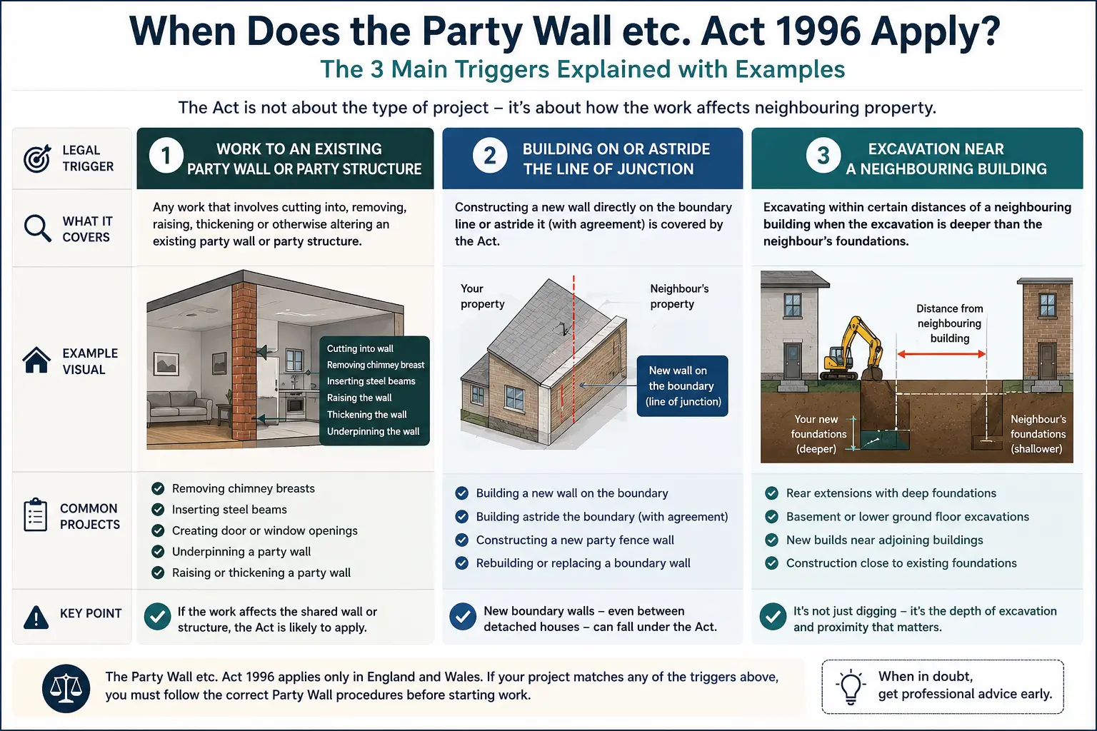Do I Need a Party Wall Agreement? An infographic showing when does the party wall etc act 1996 apply like excavation, junction, painting, in Middlesbrough, UK